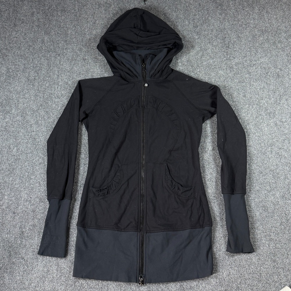 Lululemon Jacket Womens Size 6 Black Hooded Full Zip Lined Thumbhole Running Gym